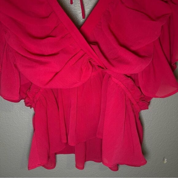 Glam hot pink plunge v neck ruffle top women’s size small - Picture 2 of 7